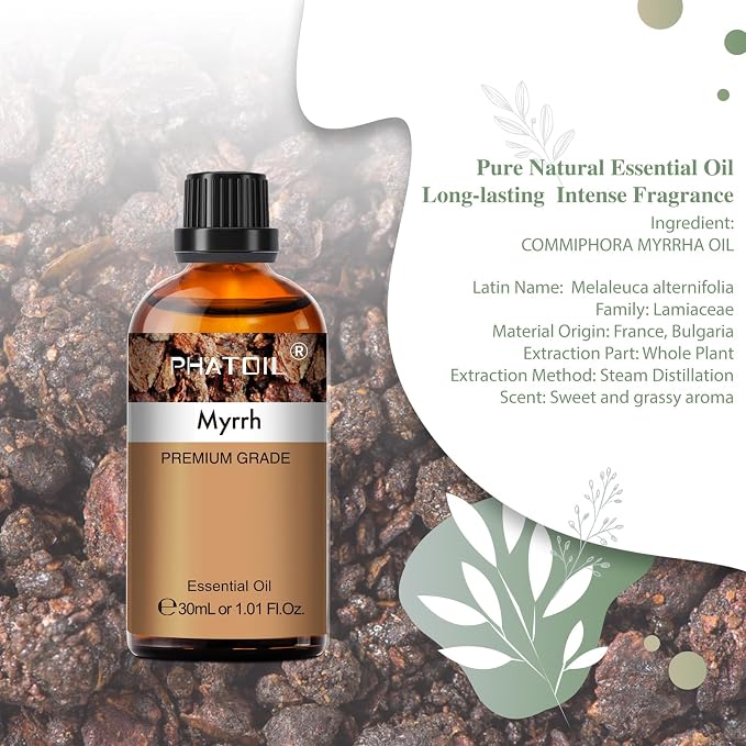 Myrrh Essential Oil, 1.01Fl.Oz (30ML) PHATOIL Pure Essential Oil Singles for Aromatherapy Diffusers, Humidifiers, Great for DIY Candle and Soap Making, Gift for Friend