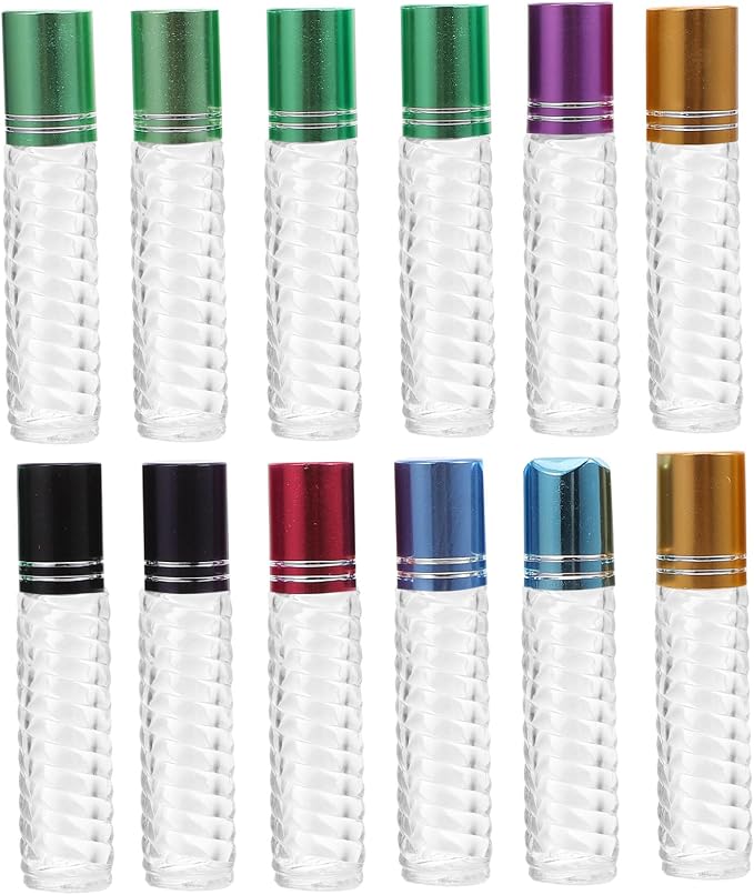 12pcs 5ml Refillable Glass Roll-on Bottles Essential Oil Bottle Kit Portable Perfume Sub-packaging Empty Mini Roller for Travel and Aromatherapy Random Color