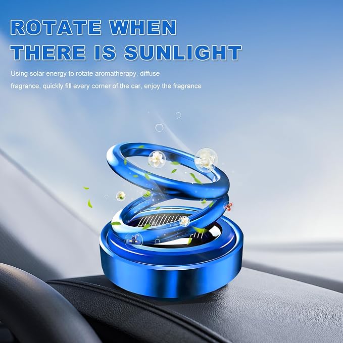 Solar Rotating Car Air Freshener, Solar Energy Refillable Car Dashboard Aromatherapy Ornament, Double Ring Fragrance Diffuser Decorative Accessories for Vehicle Home Office (Blue)