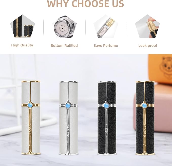 CF00WHG 5ml Leather Perfume Bottle Bottom Refillable Dispenser, Leak-Proof & Portable for Men & Women, Ideal for Travel, Gifting & Daily Use (WHG)