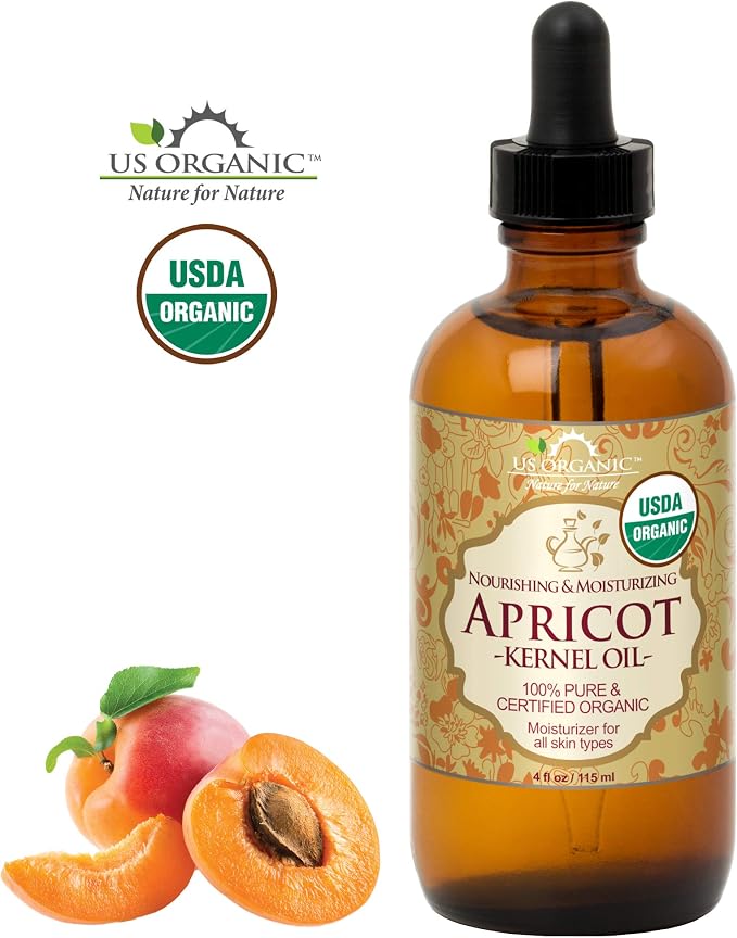 US Organic Apricot Kernel Oil, USDA Certified Organic,100% Pure & Natural, Cold Pressed Virgin, Unrefined in Amber Glass Bottle w/Glass Eyedropper for Easy Application (4 oz (Large))
