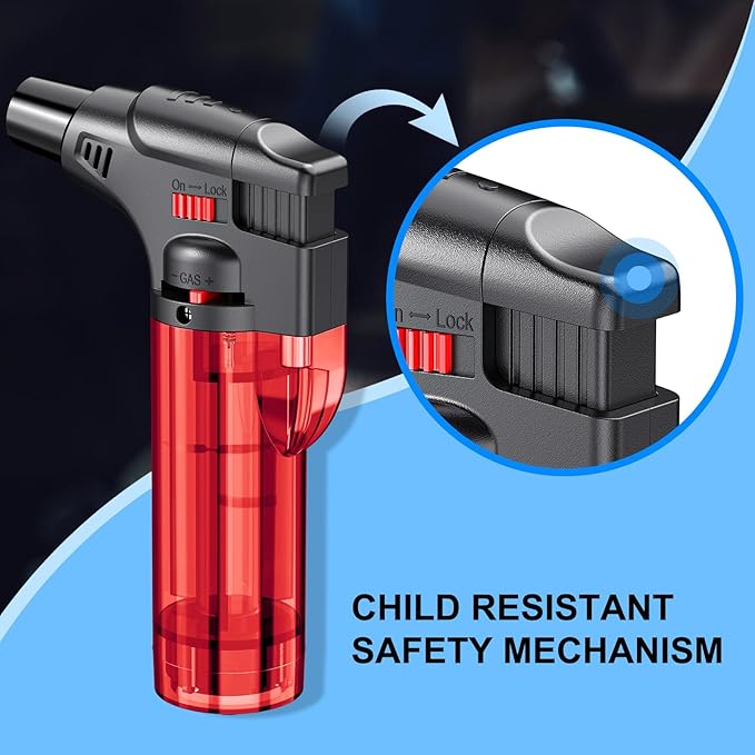 Torch Lighters, 4 Pack, Butane Refillable Jet Flame Torch Lighter, Windproof, Safe, Multi Utility Lighter for Candles, Fireplaces, Campfires, Grill (Without Butane) (Black/Red/Blue/Green)