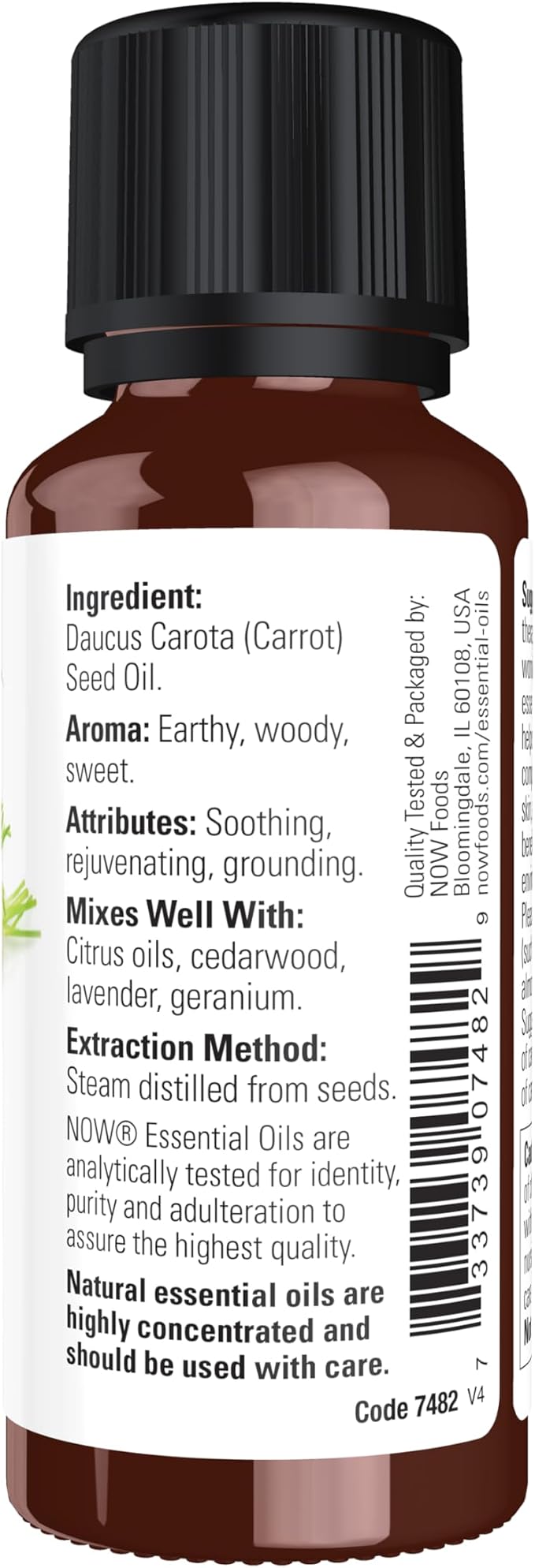 NOW Essential Oils, Carrot Seed Oil, Grounding Aromatherapy Scent, Steam Distilled, 100% Pure, Vegan, Child Resistant Cap, 1-Ounce