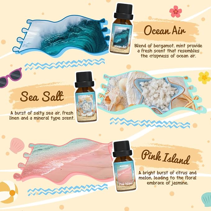ARVIDSSON Beach Fragrance Oils Set, Summer Essential Oils for Diffuser - Beachy Breeze, Ocean Air, Pina Colada, Pink Sand, Sea Salt, Island Time, Tropical Scented Oil for Home, Candle Making