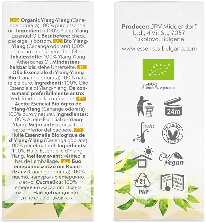 Essences Bulgaria Organic Ylang-Ylang Essential Oil 0.34 Fl Oz 10ml Cananga odorata - 100% Pure Natural Undiluted Therapeutic Grade for Aromatherapy Diffuser Candle and Soap Making Skincare Body Oil