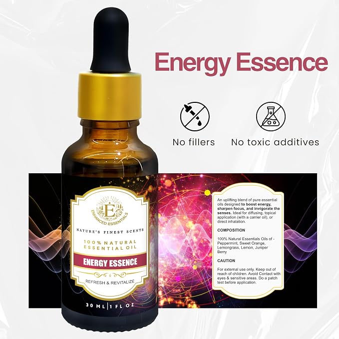 Essential Oil Blend for Energy, Cleansing & Mood by Enhanced Essentials – 100% Pure, Slow-Distilled|Aromatherapy for Diffuser, Massage & Shower|Uplifting Citrus & Mint Notes|1 fl oz (30 ml)