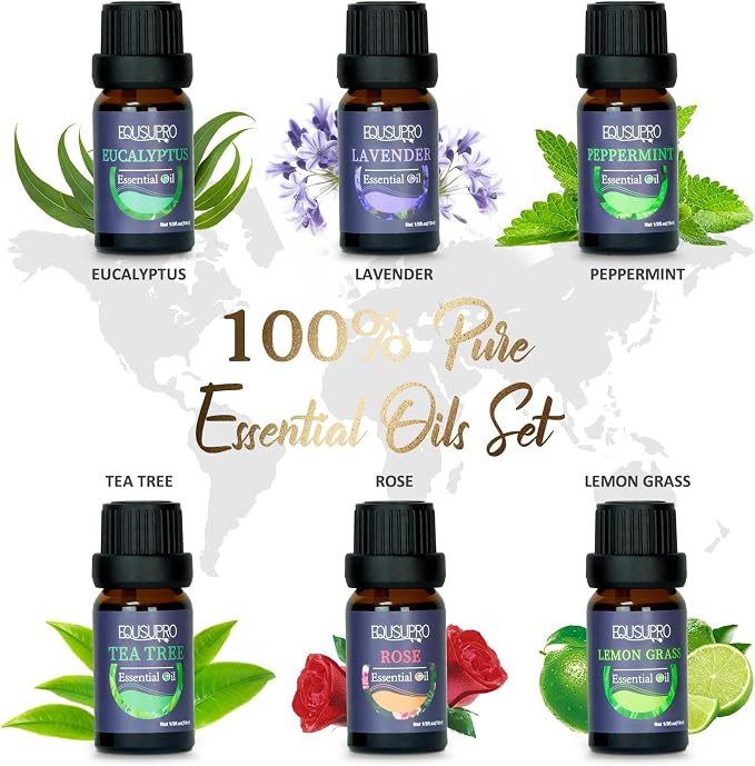 EQUSUPRO Essential Oil Diffuser Aromatherapy Diffuser 150ml with 6 Essential Oils Set, Diffuser for Essential Oils, Auto Off 7 Colors Night Light Gifts for Mom
