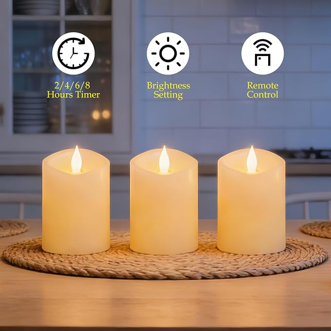 3x4 inch Flameless Candles: Realistic Flameless LED, Battery-Powered Pillar Candles with Remote & Timer, Fake Candles for Fall Decor, (Ivory, 3"*4"-3pcs)