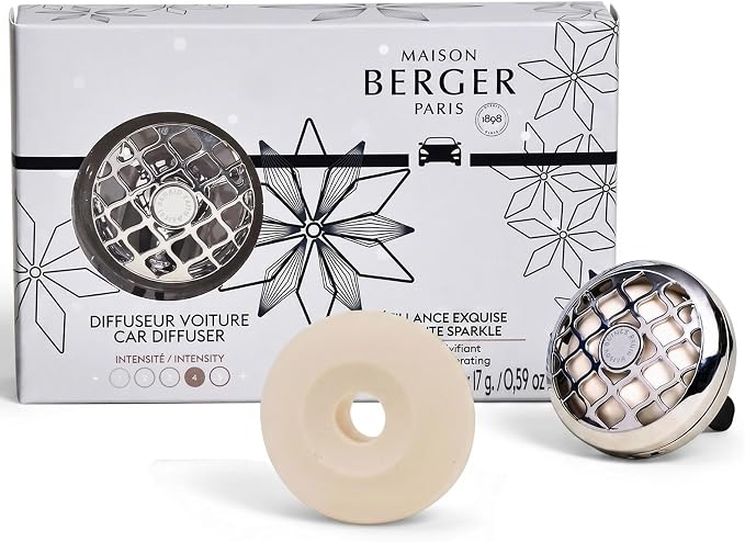 MAISON BERGER Car Diffuser Set, Rosalie Exquisite Sparkle | Sparkling Grapefruit Rose Notes, Refillable Vent Clip with Ceramic Refill, Passive 4-Week Diffusion, Made in France