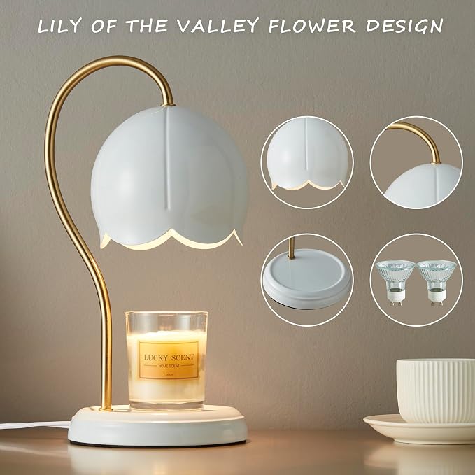 White Gold Flower Candle Warmer Lamp with Timer Dimmable, Office Decor Elegant Bedroom Scented Wax Light, Valentine's Birthday Gifts for Women Man, Large Table Candles Burner