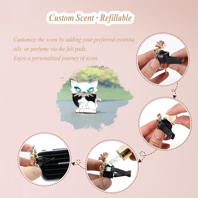 ORIESSE Cat Car Accessories 2pcs White Cat Car Air Freshener Vent Clips kawaii Interior decoration for Women Teens Refillable Diffuser