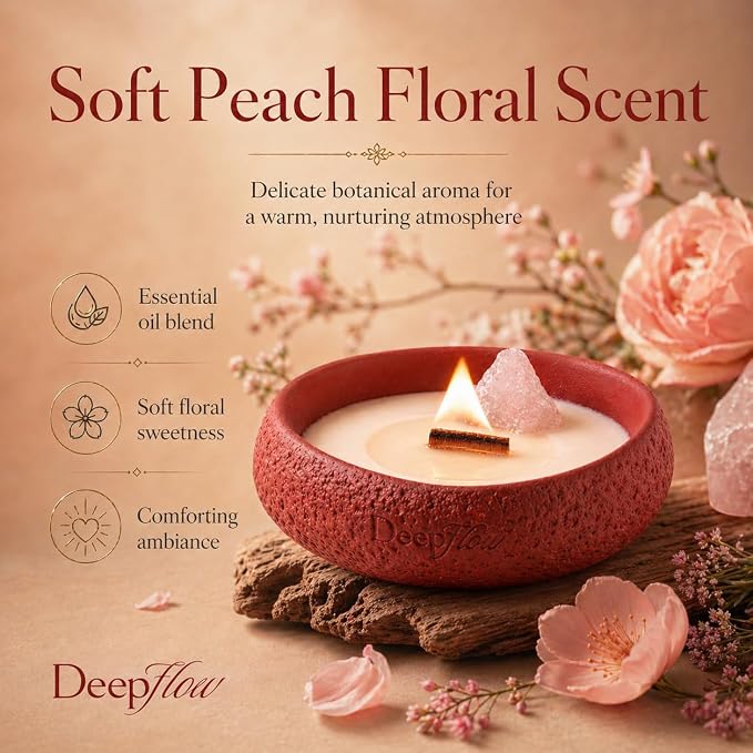 DEEP FLOW Rose Quartz Love Energy Candle - Soft Peach Floral Scent, Luxury Scented Candle with Healing Crystals for Self-Care & Romance (Nurturing Serenity)