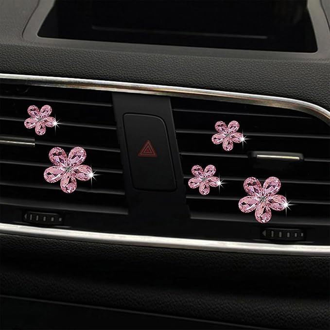 Bling Daisy Flower Car Air Vent Clips, 5PCS Sparkling Crystal Rhinestone Cute Vehicle Air Conditioning Clamp, Diamond Auto Air Outlet Clip Decor for Women Girls (Pink)