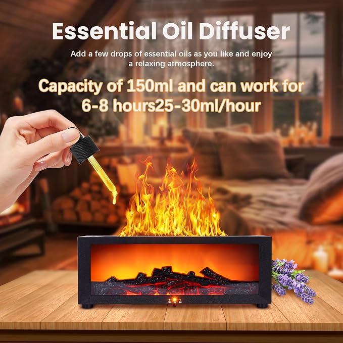 Fireplace Humidifier Diffuser, 7 Colors Flame Diffuser for Essential Oils, Fire Aroma Diffuser with Remote, Ultrasonic Air Humidifiers Aromatherapy Diffuser with Timer for Home, Bedroom, Office, Yoga