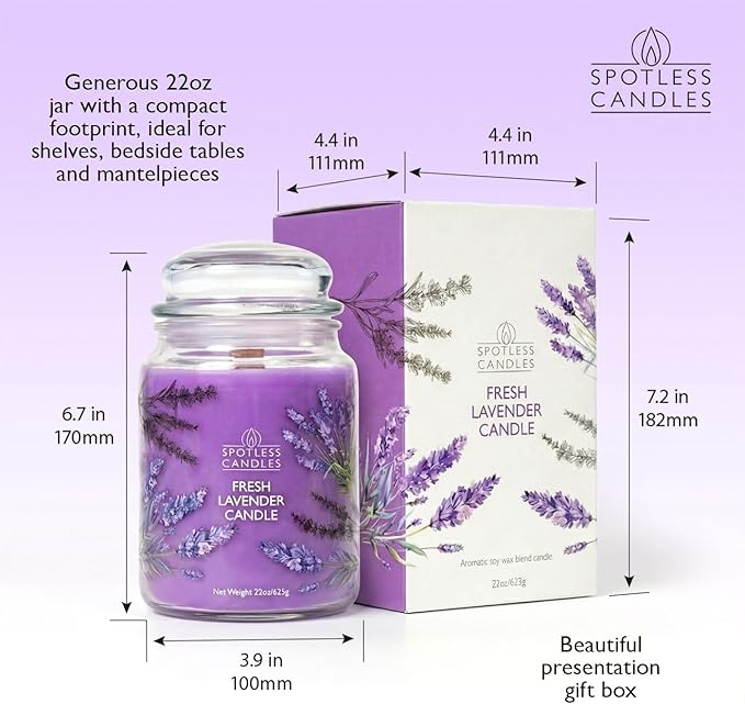 Lavender Candle 22oz: 130 Hours Burn Time, Large Jar Candle with Wooden Wick in a Decorated Jar with a Luxury Gift Box and Protective Shipper by Spotles Candles