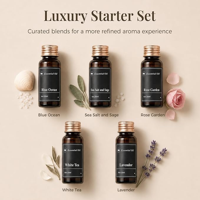 Waterless Scent Diffuser with 5 Essential Oils Starter Kit, Cold Air Diffuser Up to 1000 Sq.ft for Large Room, Home Office, Hotels,Spas, Cordless Scent Machine with App Control, Mood Light