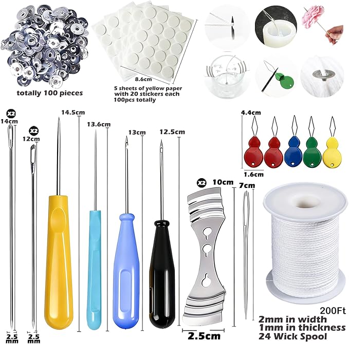 Candle Wick Needle Kit Candle Wick Inserting Tool Mold Punch Needle with Hook & Eye, Large-Eye Needle for Candle Silicone Molds,Candle Wick Roll 200 Ft 24 Wick Spool,Threader,Wick Holders