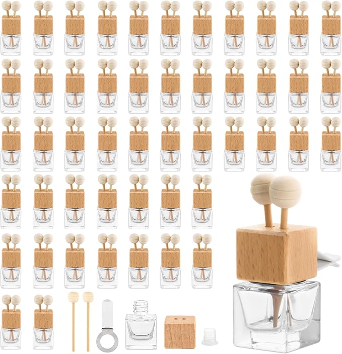 50 Pack,8ml Clear Glass Car Air Freshener Perfume Clip Diffuser,Empty Essential Oil Perfume Vials Diffuser Vent Outlet,Thick Auto Glass Ornament with Wooden Caps,Stick for Car Scent Fragrance