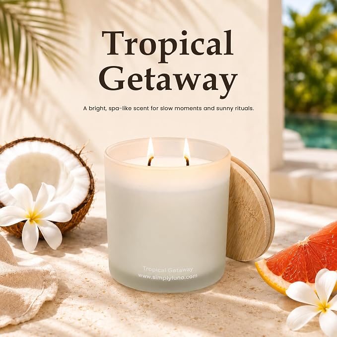 Tropical Getaway Coconut & Grapefruit Scented Candle | 14oz Soy Wax | 50+ Hour Long Lasting Burn | Reusable Glass Candle Jar with Bamboo Lid & Eco Friendly Gift Box |Luxury Scented Candle for Home
