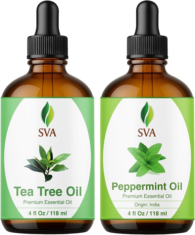 SVA Peppermint and Tea Tree Essential Oil 4 oz Bundle Super Saver Combo – Premium Grade Value Set for Hair Oiling, Scalp Massage, Hair Care, Skin Care and Body Massage
