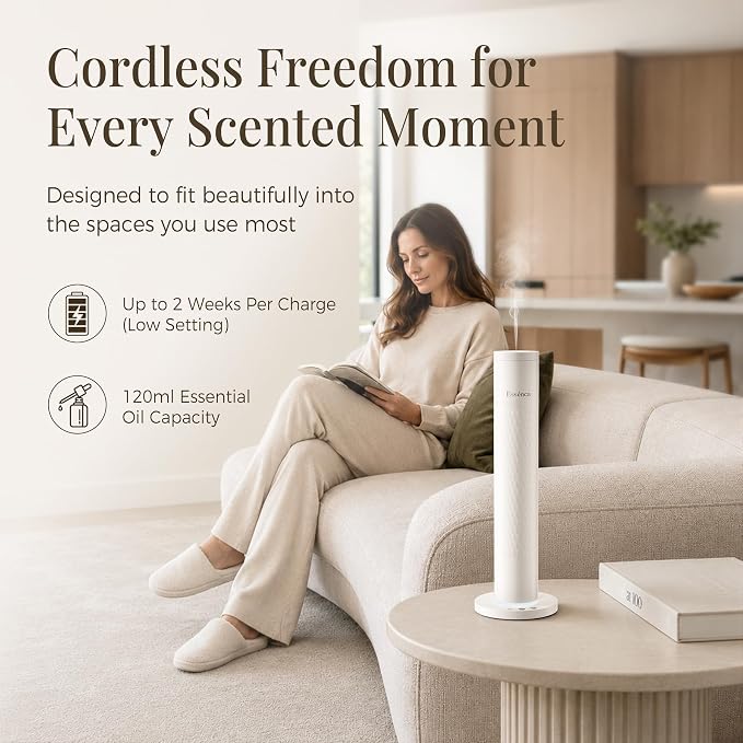 Waterless Scent Diffuser with 5 Essential Oils Starter Kit, Cold Air Diffuser Up to 1000 Sq.ft for Large Room, Home Office, Hotels,Spas, Cordless Scent Machine with App Control, Mood Light