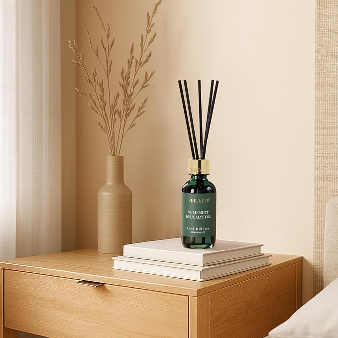 Airkeep Reed Diffuser Set, 3.38 fl oz (100 ml) - Wild Mint&Eucalyptus Oil Diffusers with 8 Reed Sticks, Home Fragrance Reed Diffuser for Bathroom Shelf Decor