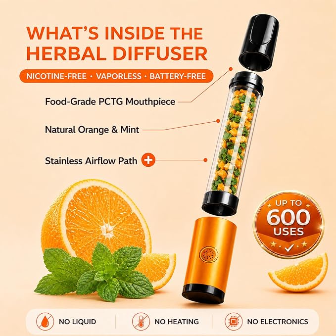 Herbal Diffuser Pen 2 Pack, Natural Mint & Orange Aroma Stick, Nicotine-Free Vaporless Fresh Scent Stick, Portable Non-Electric Herbal Diffuser for Desk, Travel, Home