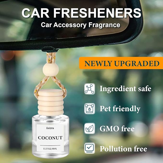 Hanging Car Air Freshener (Pack of 3) : Luxury Car Perfume for Women Men | Cute & Wooden Lid Reusable Bottle with 45+ Days Long-Lasting Scent for Auto Interio, Coconut