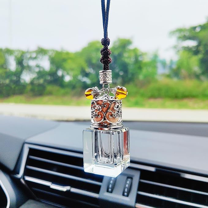Car Air Freshener Diffuser Hanging Ornament, Diamond-Shaped Empty Crystal Bottle Car Mirror Hanging Accessories, Elegant Bottle Pendant with Wooden Caps Rear View Mirror Accessories