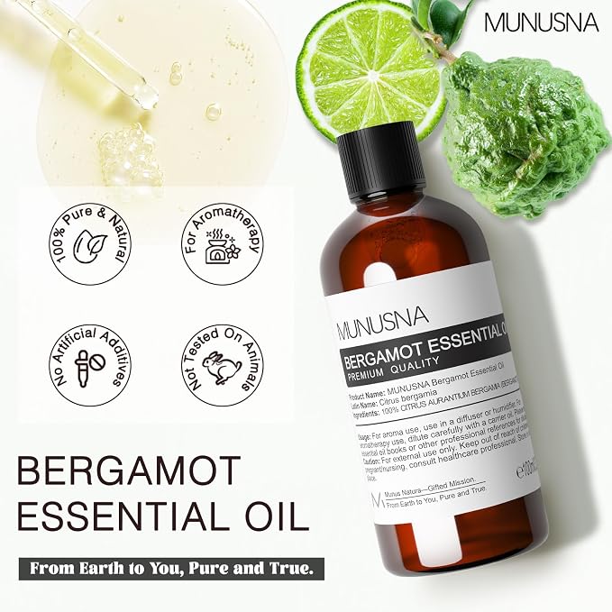 Bergamot Essential Oil 100ML, 100% Pure Natural Bergamot Oil Premium Grade Aromatherapy Oil for Hair Face Skin Body Care, Diffuser, Massage, Home, Soap and Candle Making