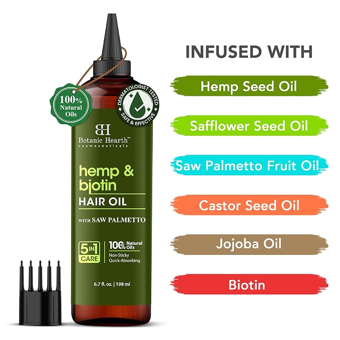 Botanic Hearth 100% Pure Hemp & Biotin Oil For Hair Growth & Hair Treatment Oils 6.7 Fl oz | Infused with coconut Oil | Hair Oil Repairs Dry Damaged Hair, Strengthening, Healthier | All Hair Types