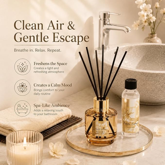 Airkeep Reed Diffuser Set with Refill & 8 Reed Sticks, 6.96 fl oz Vanilla Embrace Home Fragrance, Long Lasting Aromatherapy Diffuser for Bedroom, Bathroom & Living Room
