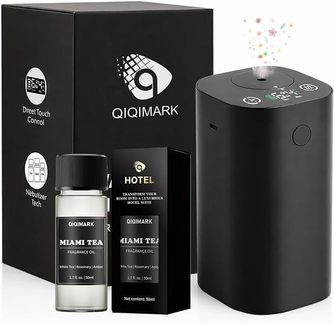 Waterless Essential Oil Diffuser with 50mL Essential Oil, Rechargeable Nano Mist Diffuser for Home, Car & Office, 4 Timers, 4 Mist Levels, Up to 600 Sq Ft Coverage