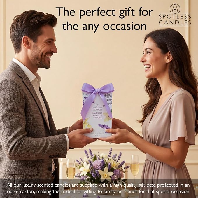 Spotless Leopard Vanilla & Lavender Candle 22oz Glass Jar with Wooden Wick in a Decorated Jar Within a Presentation Gift Box and Protective Shipping Box