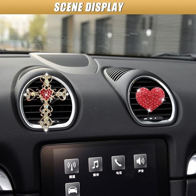 2PCS Bling Cross & Heart Car Dashboard Air Vent Trim Clip, Sparkly Rhinestone Car Air Vent Clips, Diamond Auto Diffuser Charm Clip, Auto Interior Decoration Accessory for Women Girls (Red)