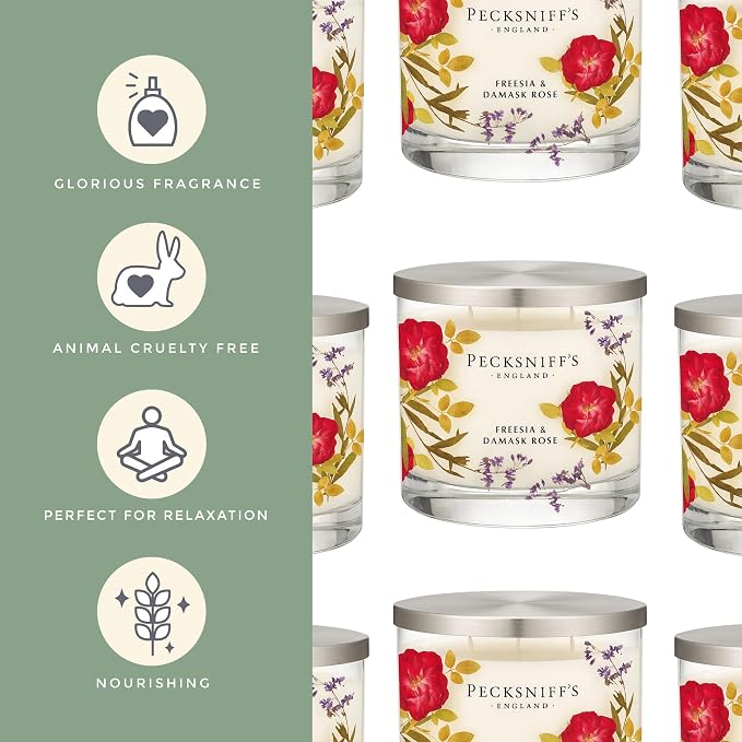 Pecksniff’s 3 Wick Candle – Freesia & Damask Rose, 550 g / 19.4 oz – Long Lasting Burn, Elegant Home Decor & Relaxing Ambiance