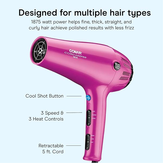 Conair Cord Keeper Hair Dryer | 1875W, Retractable Cord, for Multiple Hair Types, Includes Diffuser and Concentrator, Pink, 209BCX