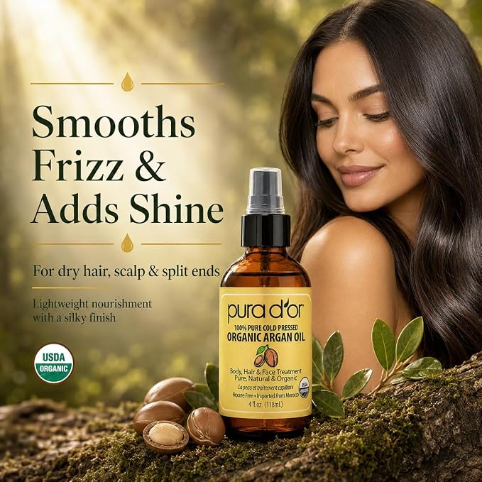 PURA D'OR USDA Organic Moroccan Argan Oil–100% Pure Cold-Pressed Virgin Grade–Treatment for Hair, Skin, Face, Body– Helps Dry Skin, Scalp Care, Split Ends, Nails & Cuticles 4 Oz - Hair Regrowth Tonic