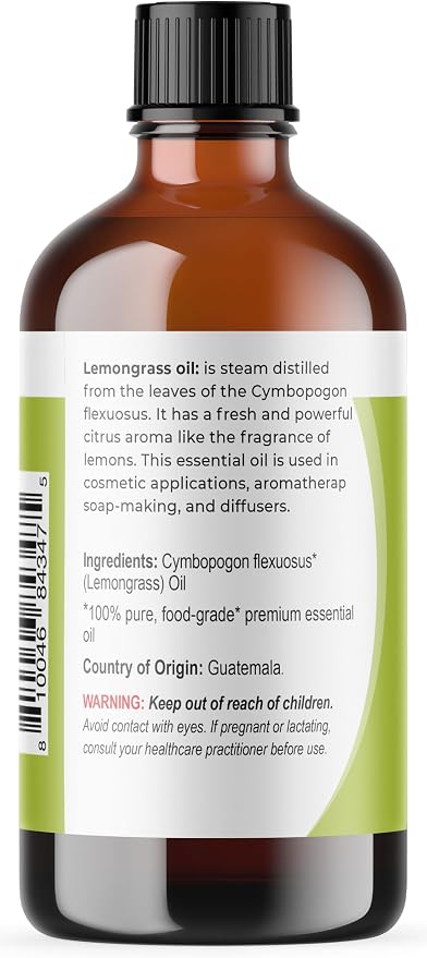 Viva Doria Lemongrass Essential Oil, 100% Pure, Natural Lemongrass Essential Oil, Undiluted, for Aromatherapy | Food Grade, 118 mL (4 Fluid Ounce)