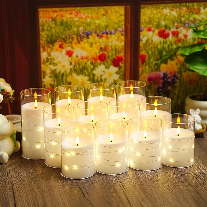 kakoya Flameless LED Candles with Timer 12 Pc Flickering Flameless Candles for Romantic Ambiance and Home Decoration Stable Acrylic Shell,with Embedded Star String，Battery Operated Candles(White)