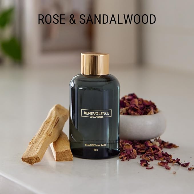 Benevolence LA Rose & Sandalwood Reed Diffuser Oil Refill – 4 oz Long-Lasting Essential Oil Refill for Home Fragrance Diffusers – Compatible with Benevolence LA Black Reed Diffusers