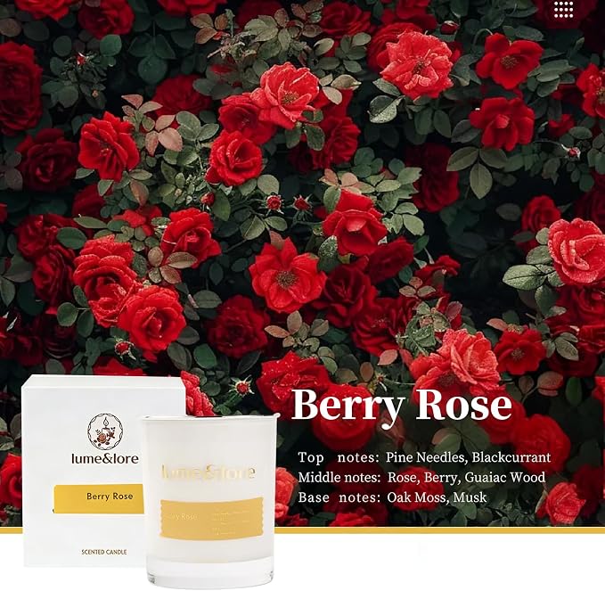 Berry Rose Scented Candle - 7oz Natural Soy Wax, Romantic Floral Aroma for Date Nights & Spa Moments