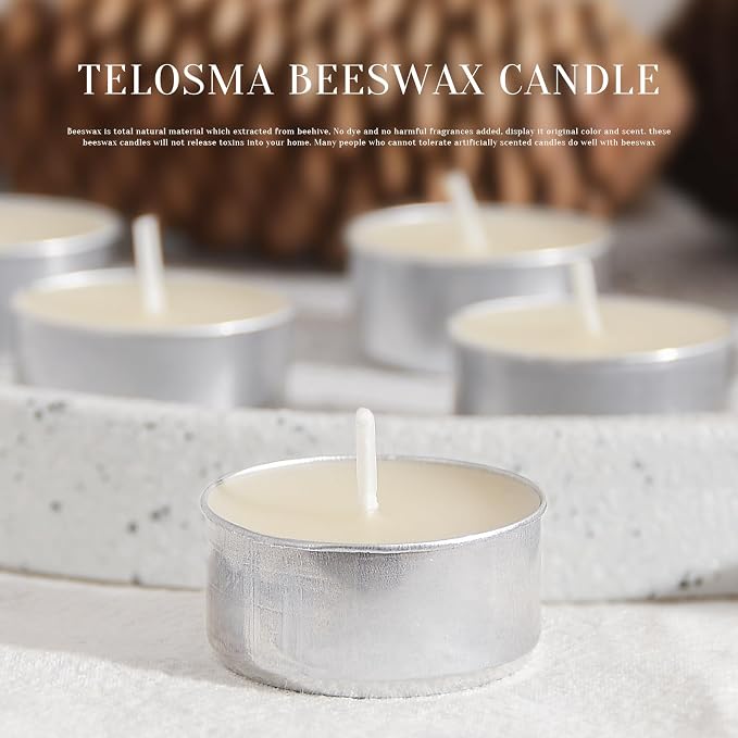 Natural Ivory White Beeswax Tealight Candles in Metal Aluminum Cup - Organic Small Candle Natural Scent Smokeless 4-5 Hours Burning - Pack of 24