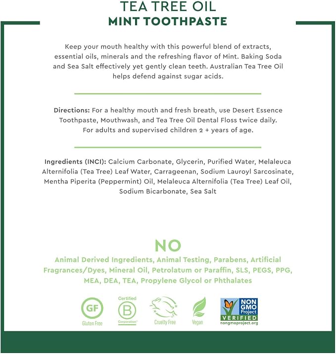 Desert Essence Tea Tree Oil Toothpaste - Mint - 6.25 Oz - Refreshing Taste - Deep Cleans Teeth & Gums - Helps Fight Plaque - Sea Salt - Pure Essential Oil - Baking Soda - Promotes Healthy Mouth