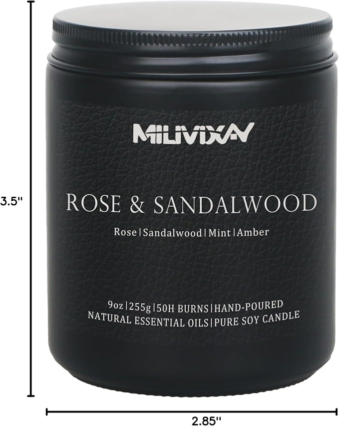 MILIVIXAY Candle for Men Rose & Sandalwood Scented Classic 9oz Jar Single Wick Candle, Soy Wax Candle for Consistent Burn, Over 50 Hours of Burn Time, Ideal for Creating Relaxing & Holiday Gifting.