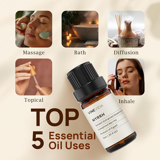 VINEVIDA Myrrh Essential Oil 10 mL - Undiluted, Pure, Vegan, Reusable Glass Bottle