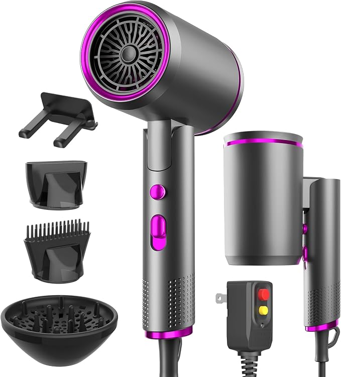 Foldable Portable Ionic Hair Dryer 1600W - Compact Mini Blow Dryer with Diffuser, Concentrator & Comb Nozzle, Intelligent Temperature Control, Low Noise for Home, Salon & Travel (Grey)