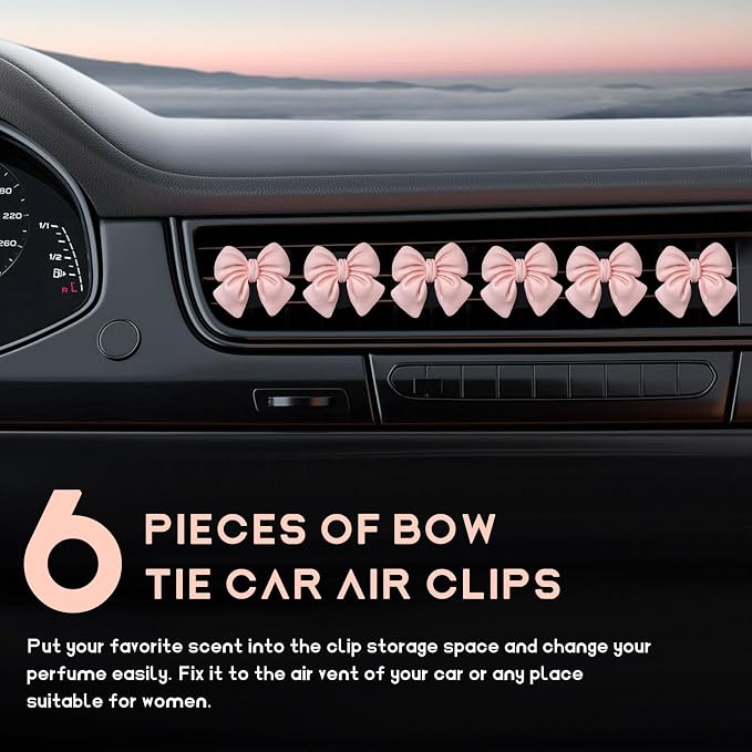 KVAEY 9 PCS Pink Bow Car Air Freshener, Automotive Cute Pink Bow Air Outlet Clips with Scent Pieces, Universal Coquette Car Air Vent Diffuser for Women and Girls