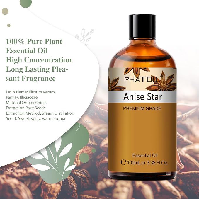 Anise Star 3.38fl.oz Essential Oil, PHATOIL Pure Aromatherapy Oils for Diffuser, Humidifier, Perfect for DIY Soap, Candle, Bath Bombs Making(100ml)