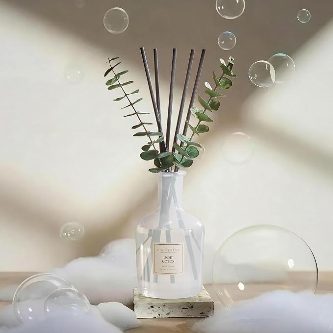 COCORRÍNA Light Cotton Reed Diffuser – 6.76 oz Essential Oil with 8 Reeds & Real Eucalyptus Sticks, Home Fragrance for Bedroom or Bathroom Décor